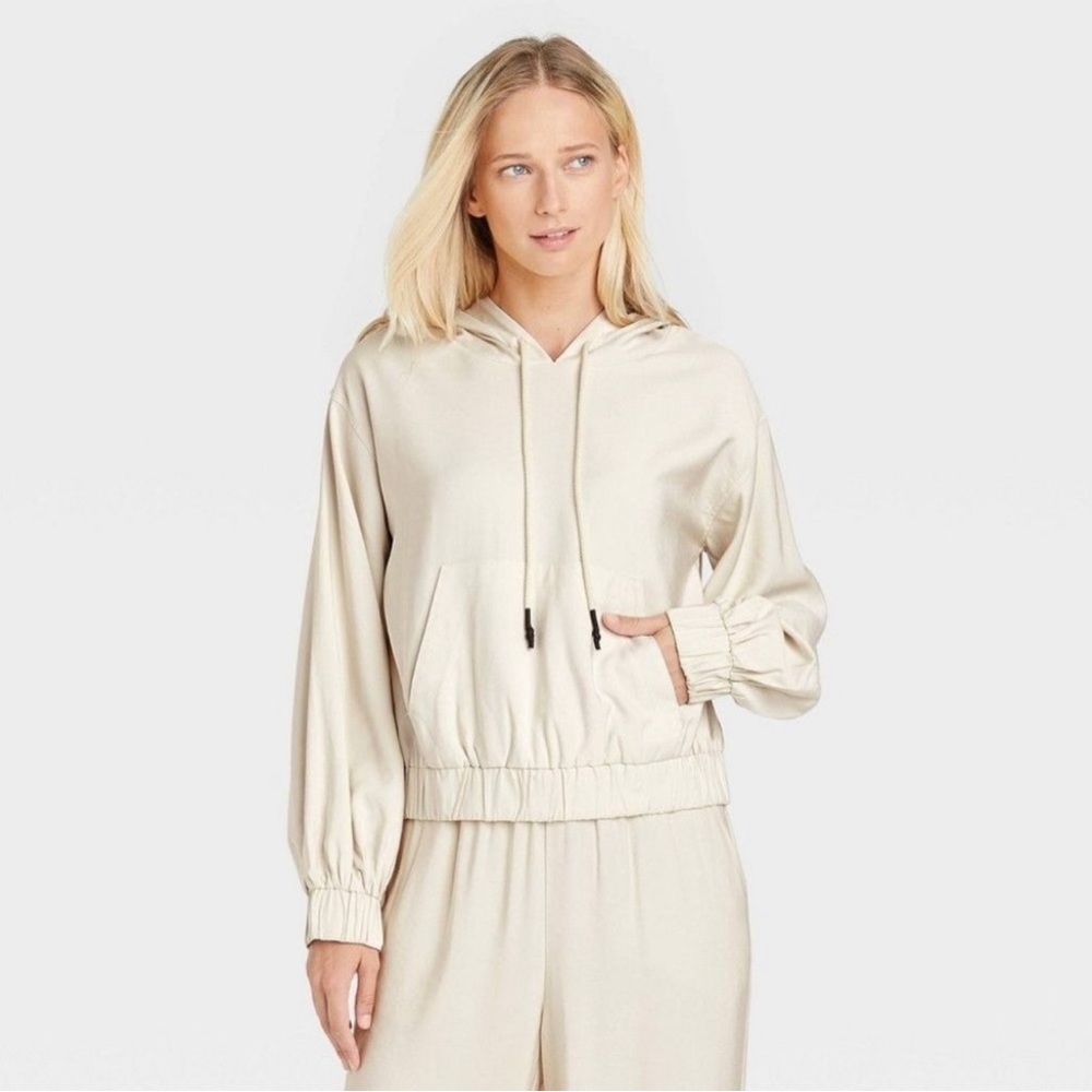 WHO WHAT WEAR Women's Hooded Sweatshirt Cream Size Small